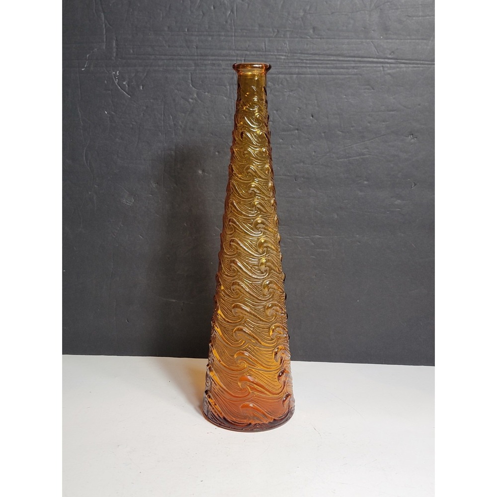 Vintage Italian Amber Empoli Tall Glass Bottle Wave Pattern 15.5"